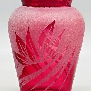 Kelsey Murphy Cranberry Pilgrim Vase Sand Etched Frosted Cameo 6.5‎ inch Signed